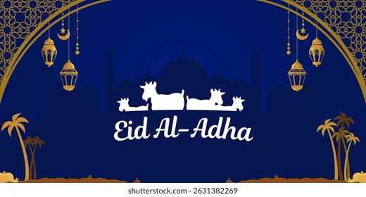 Eid Al adha concept blue background greeting card Illustration. Adha Mubarak arabic islamic festival design background template. Lantern, islamic design.
