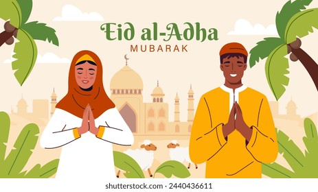Eid al Adha concept. Man and woman in traditional arabic clothes at background of architecture. Mosque with domes, east asian buildings. Religion and culture. Cartoon flat vector illustration