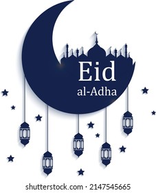 Eid al adha concept of mosque at the top of moon and lamp stringed to moon with scattered stars vector image.