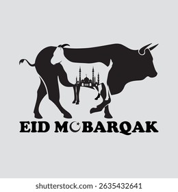 Eid al Adha cow and goat design with mosque, Cow vector design