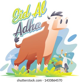 Eid Al Adha Cow Standing On The Field With Mosque and Muslim Man