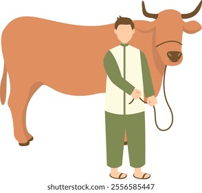 Eid Al Adha Cute Cartoon Character on White Background. with Sacrificial Animal. Isolated Illustration