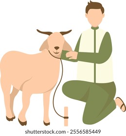 Eid Al Adha Cute Cartoon Character on White Background. with Sacrificial Animal. Isolated Illustration