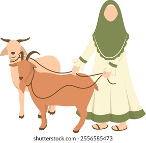 Eid Al Adha Cute Cartoon Character on White Background. with Sacrificial Animal. Isolated Illustration