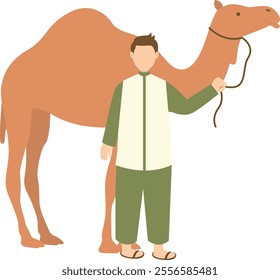 Eid Al Adha Cute Cartoon Character on White Background. with Sacrificial Animal. Isolated Illustration