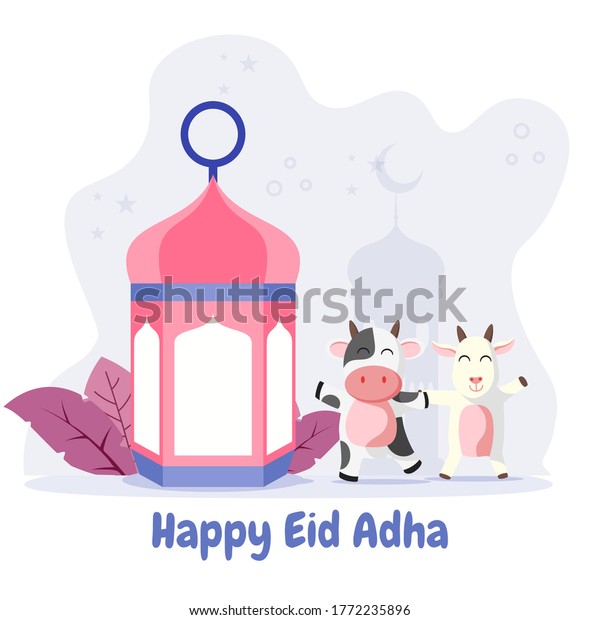 Eid Al Adhaかわいい牛と山羊のカートーンの平型ベクターイラスト イスラム教の祝日を祝う牛と山羊の犠牲 フラットスタイルイラスト のベクター画像素材 ロイヤリティフリー