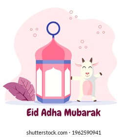 Eid Al Adha cute goat cartoon flat vector illustration. Celebration of islamic holiday the sacrifice of the goat. flat style illustration