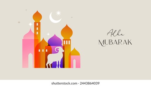 Eid Al Adha design. Celebration of Muslim holiday the sacrifice. Colorful background with Islamic Mosque and animals, camel, sheep and goat. Vector illustration