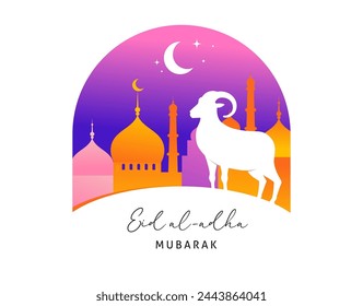 Diseño de Eid Al Adha. Celebración de la festividad musulmana del sacrificio. Fondo colorido con la mezquita islámica y animales, camello, ovejas y cabras. Ilustración de vector