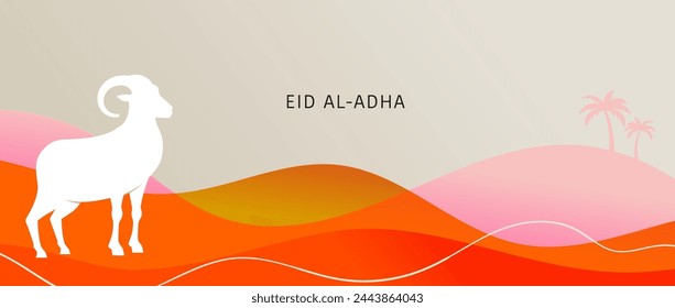 Eid Al Adha design. Celebration of Muslim holiday the sacrifice. Colorful background with Islamic Mosque and animals, camel, sheep and goat. Vector illustration