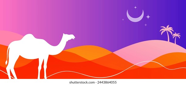 Eid Al Adha design. Celebration of Muslim holiday the sacrifice. Colorful background with Islamic Mosque and animals, camel, sheep and goat. Vector illustration