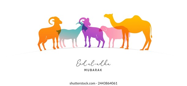 Eid Al Adha design. Celebration of Muslim holiday the sacrifice. Colorful background with Islamic Mosque and animals, camel, sheep and goat. Vector illustration