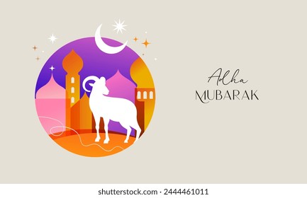 Eid Al Adha design. Celebration of Muslim holiday the sacrifice. Colorful background with Islamic Mosque and animals, camel, sheep and goat. Vector illustration