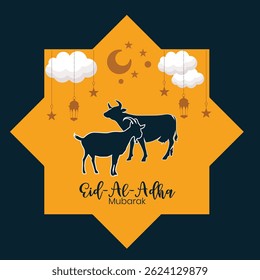 Eid Al Adha design. Celebration of Muslim holiday the sacrifice. Colorful background with moon and animals, camel, cow and goat. Modern Islamic suitable for Ramadan, Raya Hari, Eid al Adha and Mawlid.