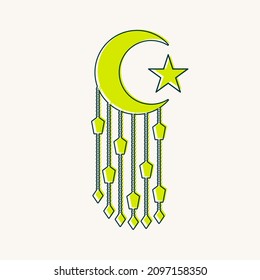 Eid Al Adha design with half moon and hanged lanterns.