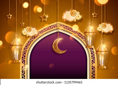 Eid al adha design with hanging sheep and lanterns  in 3d illustration, golden and purple tone