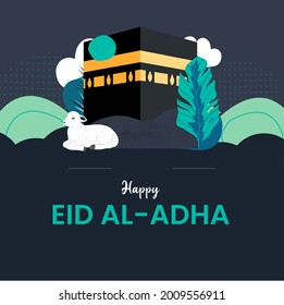 eid al adha design with kaaba and lamb flat style