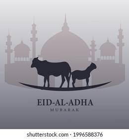 eid al adha  design with mosque and sheep and cow islamic design.