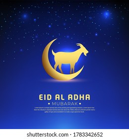 Eid al adha design with starry night background and shinny crescent moon and goat. Mubarak islamic festival background