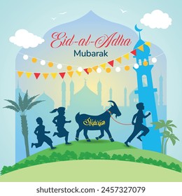 Celebración de Eid al Adha Eid al Adha Mubarak. Niños jugando con y corriendo una cabra en un hermoso fondo con mezquita, árboles, arenques, nubes y hierba. Festival de Eid Qurban. Vector. Ilustración. 