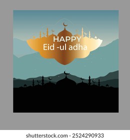 Celebração do Eid al Adha Eid al-adha Mubarak. um belo fundo com mesquita, árvores, buntings, nuvens e grama. Festival Eid Qurban. Vetor. Ilustração.
