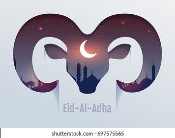 Eid al Adha Feast of Sacrifice. Head of ram silhouette, minaret and moon in night sky. Template vector text for greeting card