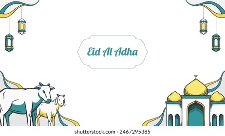 Eid Al Adha festival. banner with goat and cow. handdrawn Vector illustration.