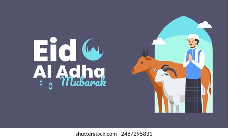 Eid Al Adha festival. banner with goat and cow. Vector illustration.