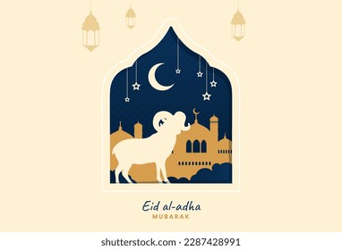 Eid Al Adha festival. Beige silhouette of ram against background of night sky and oriental buildings. Ramadan and rabadan. Islamic holiday and religious festival. Cartoon flat vector illustration