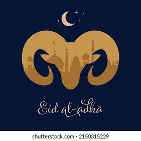 Festival Eid Al Adha. Tarjeta de saludo con oveja de sacrificio y media luna en el fondo nublado de la noche. Tema de Eid Mubarak. Ilustración vectorial.