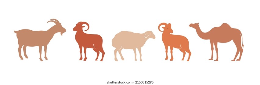 Eid Al Adha festival. Greeting card with sacrificial sheep and crescent on cloudy night background. Eid Mubarak theme. Vector illustration.