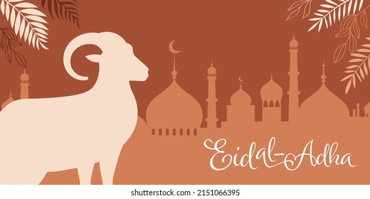 Eid Al Adha festival. Greeting card with sacrificial sheep and crescent on cloudy night background. Eid Mubarak theme. Vector illustration.