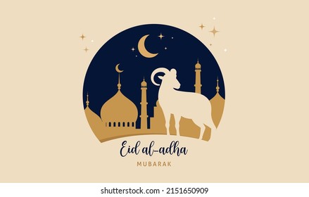 Eid Al Adha festival. Greeting card with sacrificial sheep and crescent on cloudy night background. Eid Mubarak theme. Vector illustration.