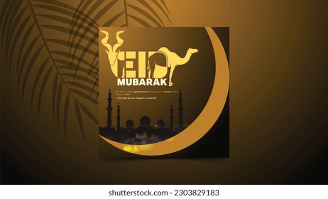 Eid Al Adha Festival. Grußkarte mit opferorientierten Schafen und Crescent auf bewölktem Nachthintergrund. Eid Mubarak Thema. Vektorgrafik.