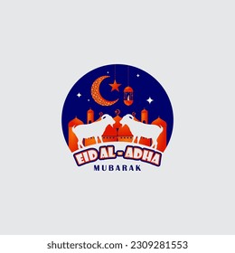 Eid al adha festival, greeting card with sacrificial lamb and crescent moon on cloudy vector illustration