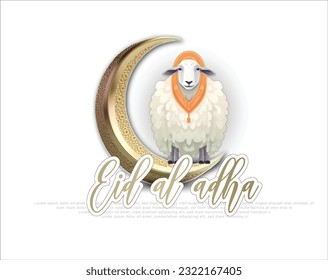 Eid Al Adha Festival. Grußkarte mit opferhaften Schafen und Halbmond auf weißem Hintergrund. Eid Mubarak Thema. Vektorgrafik.