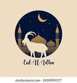 Eid Al Adha festival. Greeting card with sacrificial sheep and crescent background. Eid Mubarak theme vector.