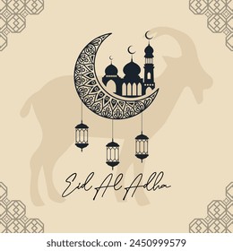 Eid Al Adha festival. Greeting card with sacrificial sheep and crescent background. Eid Mubarak theme vector.