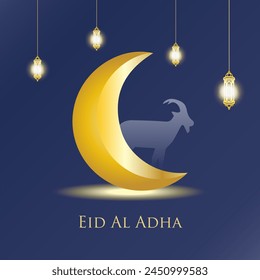 Eid Al Adha festival. Greeting card with sacrificial sheep and crescent background. Eid Mubarak theme vector.