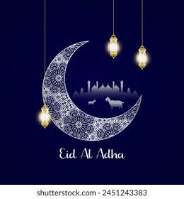 Eid Al Adha festival. Greeting card with sacrificial sheep and crescent background. Eid Mubarak theme vector.