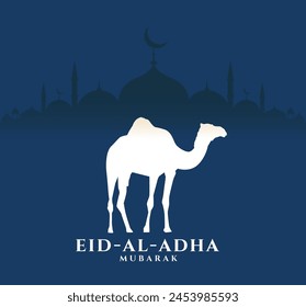 Festival de Eid Al Adha. Tarjeta de felicitación con camello de sacrificio y media luna en el fondo nublado de la noche. Tema de Eid Mubarak. Ilustración vectorial.