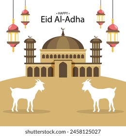 Eid Al Adha festival. Greeting card with sacrificial sheep and crescent on cloudy night background. Eid Mubarak theme