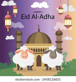 Eid Al Adha festival. Greeting card with sacrificial sheep and crescent on cloudy night background. Eid Mubarak theme