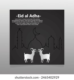 Festival de Eid Al Adha. Tarjeta de felicitación con oveja o cabra sacrificial y media luna en el fondo nublado de la noche. Tema de Eid Mubarak. Ilustración vectorial