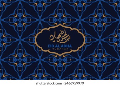 Eid Al Adha festival. Greeting card with blue and gold color background. Eid Mubarak theme. Vector illustration.