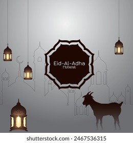 Festival de Eid Al Adha. Tarjeta de felicitación con ovejas de sacrificio y media luna en el fondo nublado de la noche. Tema de Eid Mubarak. Ilustración vectorial.