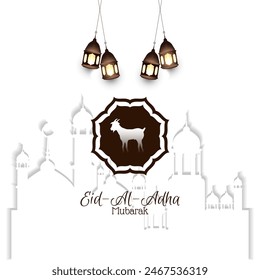 Festival de Eid Al Adha. Tarjeta de felicitación con ovejas de sacrificio y media luna en el fondo nublado de la noche. Tema de Eid Mubarak. Ilustración vectorial.