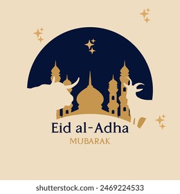 Eid Al Adha festival. Greeting card with sacrificial sheep and crescent on cloudy night background. Eid Mubarak theme. Vector illustration.