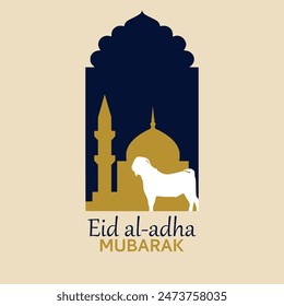 Eid Al Adha festival. Greeting card with sacrificial sheep and crescent on cloudy night background. Eid Mubarak theme