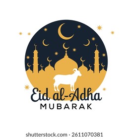 Eid Al Adha festival. Greeting card with sacrificial sheep and crescent on cloudy night background. Eid AL ADHA Mubarak theme. Vector illustration.